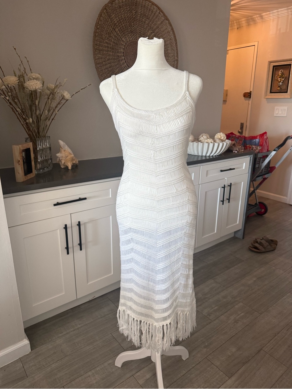 525 America White Knit Fringe Midi Dress